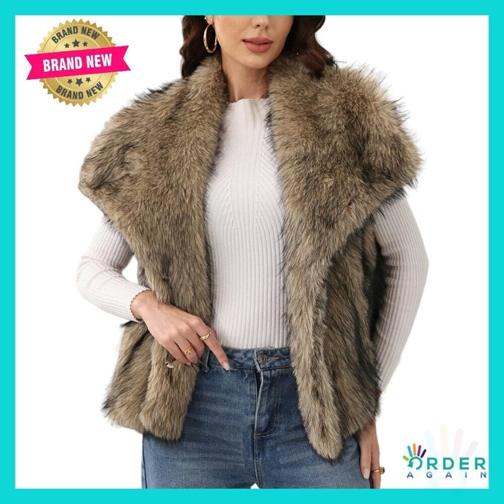Faux Fur Vest Lapel Collar Sleeveless Shaggy Jacket Warm Outerwear Chic